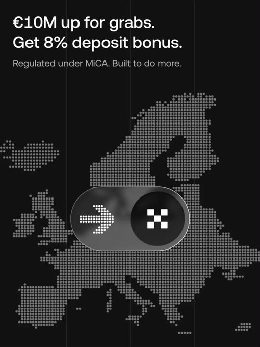 A promotional graphic for OKX Europe features a pixelated map of Europe with the text "€10M up for grabs. Get 8% deposit bonus. Regulated under MiCA. Built to do more," highlighting the platform's offer of up to 8% APY on EUR deposits and its compliance with the new EU MiCA regulations.
