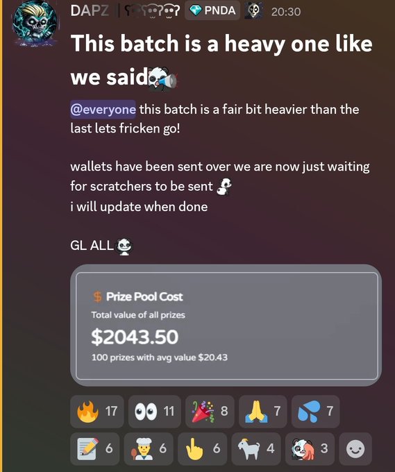 A Discord announcement from user DAPZ about a crypto 'batch' with a prize pool of $2,043.50 consisting of 100 prizes averaging $20.43 each, awaiting scratchers to be sent.