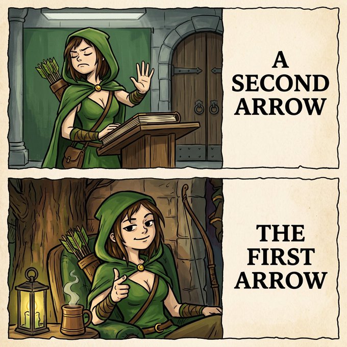 A two-panel comic featuring a green-hooded archer shows her sternly lecturing "A SECOND ARROW" while standing at a podium in the top panel, but in the bottom panel, she casually gives a thumbs up next to the caption "THE FIRST ARROW," illustrating the motivational concept of focusing on one's original setback rather than compounding it with subsequent problems. The image metaphorically supports the post's point about $MARIAN as the foundational "first arrow" of the Robinhood meme ecosystem, suggesting that as Robinhood Chain succeeds, ignoring this original origin point becomes increasingly difficult.