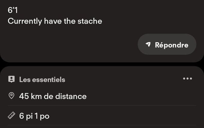 A screenshot of a dating app profile showing height information reading '6'1 Currently have the stache' along with a distance of '45 km' and height '6 pi 1po'.