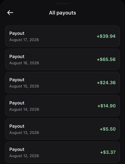 A mobile screen titled "All payouts" displays a list of recent earnings from August 12-17, 2026, showing daily payouts of +$3.37, +$5.50, +$14.90, +$24.36, +$65.56, and +$39.94. This aligns with the post's claim that calling out tokens on Pumpfun is a profitable side hustle, with the increasing payout amounts demonstrating growing earnings potential compared to traditional gig work like Uber.