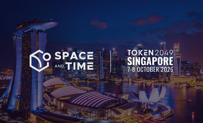 Promotional banner for Space and Time at Token 2049 Singapore, October 7-8, 2026, featuring a nighttime view of the Singapore skyline including Marina Bay Sands.