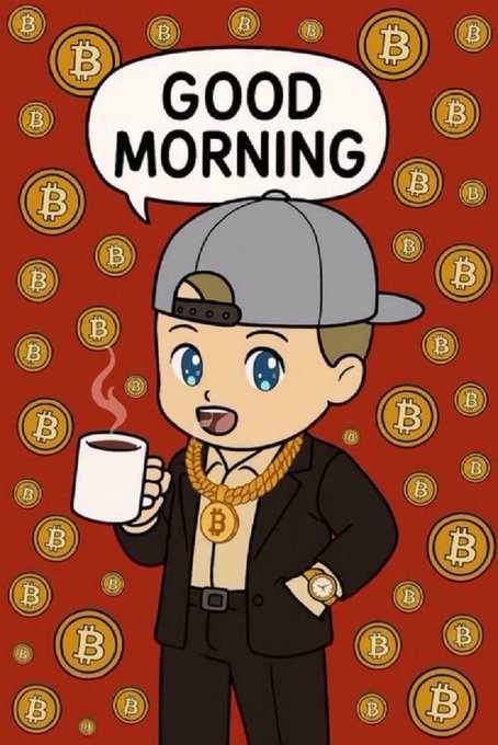 A cartoon character wearing a backwards gray cap, black suit, and Bitcoin medallion holding a coffee mug, with a 'GOOD MORNING' speech bubble and a red background covered in Bitcoin coin symbols.