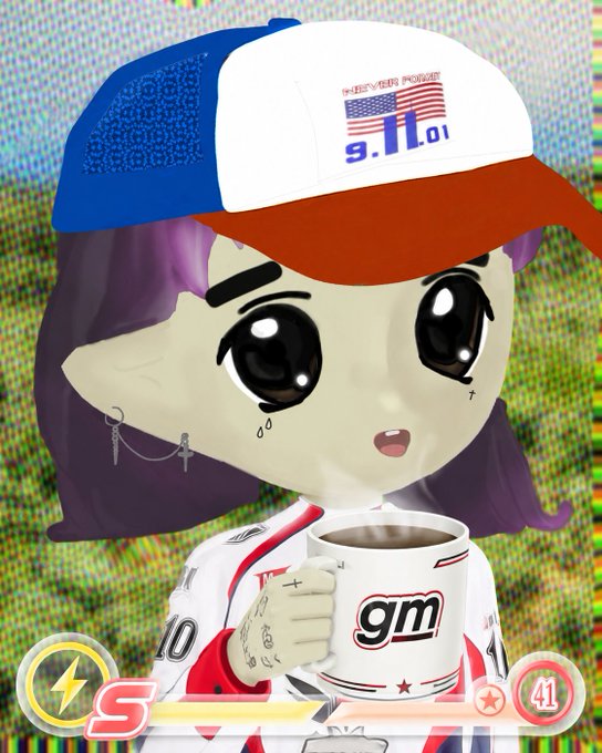 The image features a cartoon girl with purple hair wearing a baseball cap, holding a cup of coffee. She has a tattoo on her arm and is dressed in a sports jersey. The caption below the image reads "gm if you good morning CT Happy Wednesday $CULT".