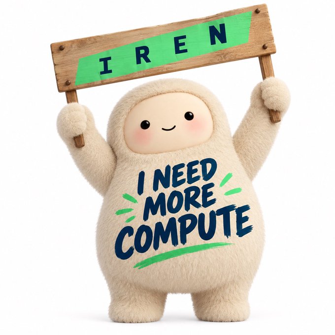A cute fluffy cream-colored mascot character holds up a wooden sign reading "IREN" while wearing a shirt that says "I NEED MORE COMPUTE".