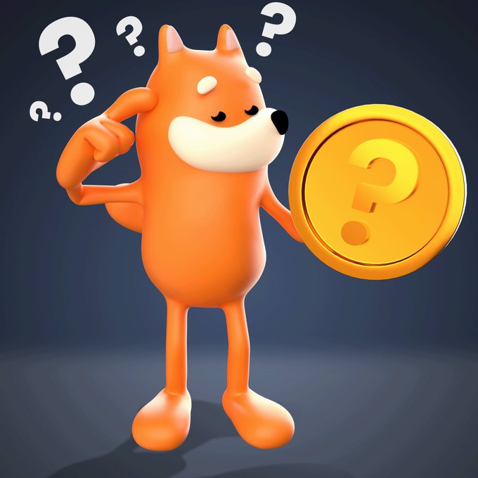 A cute orange cartoon fox-like character appears puzzled, with floating question marks above its head, while holding a large golden coin marked with a question mark—visually echoing the post's theme of mystery around which ticker is being swapped.