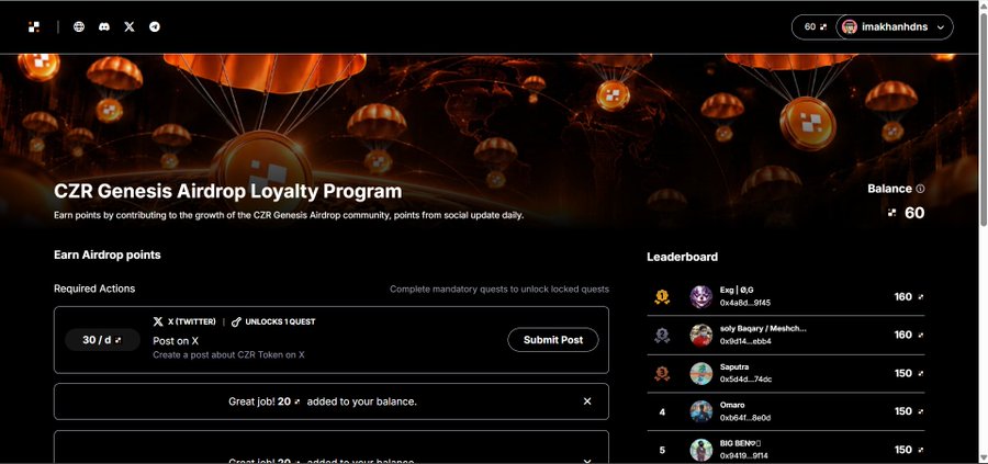 A screenshot of the 'CZR Genesis Airdrop Loyalty Program' website showing a balance of 60 points and a leaderboard of top users.