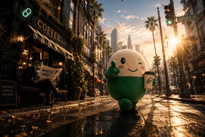A cheerful green and white mascot winks and gives a thumbs-up while holding a coffee cup on a sunlit city street, with signs reading "COFFEE," "INFINITEN UPSEY," and "UPSEY ST" visible in the background. The playful scene captures the lighthearted spirit of the post's "read all about it." announcement, blending urban charm with a fun, approachable character.