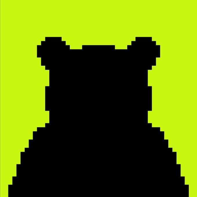 A pixelated black silhouette of an animal head with rounded ears is set against a bright green-yellow background.