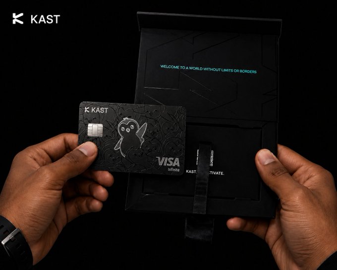 The image shows a person holding up a black Visa credit card with a silver bird design on it against a dark background. The text "I've seen quite a few people call @KASTxyz" appears near the bottom of the photo, which could be a reference to the creator or someone who has posted about this particular card.
