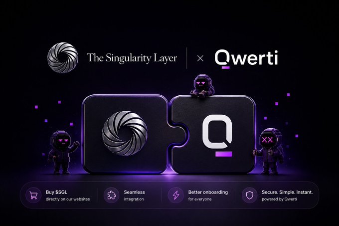The Singularity Layer x Qwerti partnership allows users to buy $SGL directly from websites with a seamless, secure, and simple integration. This image visually represents the collaboration between The Singularity Layer and Qwerti, highlighting key features like direct purchase of $SGL and better onboarding.