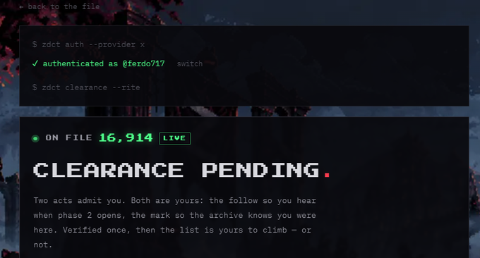 A digital interface showing terminal commands like '$ zdct auth --provider x' and 'authenticated as @ferdo717,' with a 'CLEARANCE PENDING' message.
