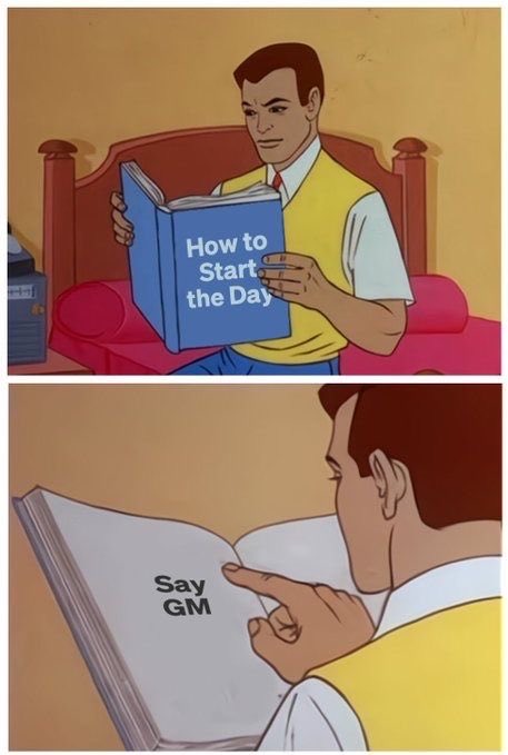 𝕏 The image features a cartoon man reading a book titled "How To Start The Day" while sitting on a bed, with his finger pointing at something. 𝕏 The caption for this image reads "@quipnetwork good morning we spend so much time talking about AI, apps and new technologies but almost never talk about the randomness and trust systems underneath them that's probably why @quipnetwork stands out to me".