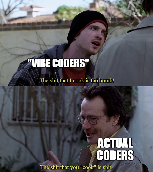 A two-panel meme contrasts “VIBE CODERS” saying “The shit that I cook is the bomb!” with “ACTUAL CODERS” replying “The shit that you ‘cook’ is shit.”