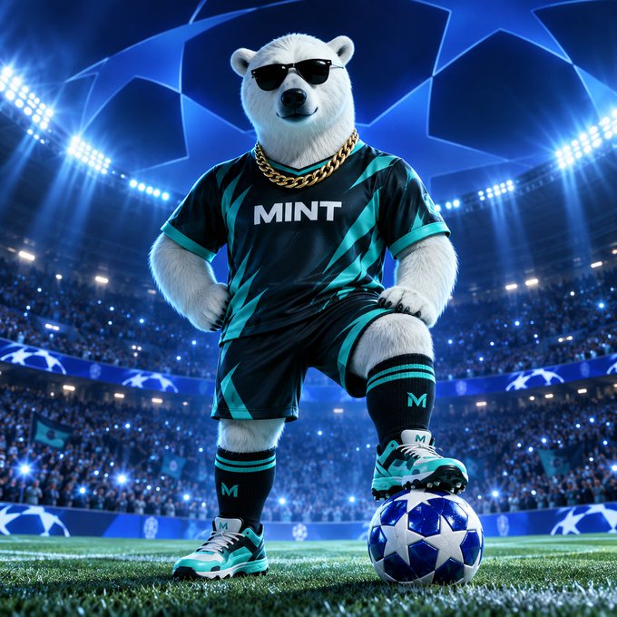 A polar bear mascot wearing sunglasses, a gold chain, and a teal and black "MINT" soccer uniform stands on a Champions League-style pitch with a football at its feet. The image playfully ties to the post by representing the sports-themed branding of the $MNTD Daily Drop reward giveaway, with the bear serving as a bold team mascot for the promotion.