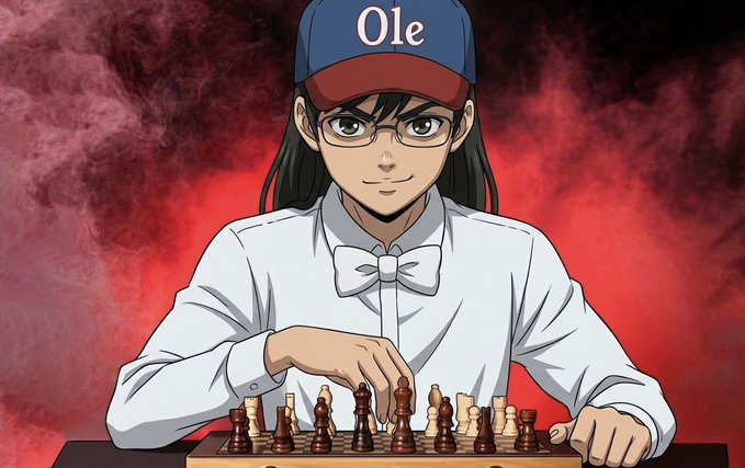 The image shows an anime-style character with glasses and long dark hair, wearing a blue "Ole" cap, a white dress shirt, and a bow tie, focused intensely on a chessboard with a determined expression against a dramatic red smoky background. The "Ole" cap and chess imagery suggest strategic focus, aligning perfectly with the post's "time to lock in" message—signaling a period of concentration and calculated moves ahead.