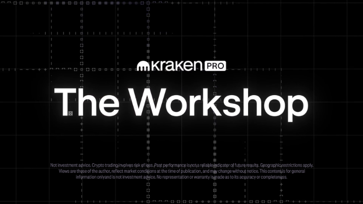 The image displays a title card for "The Workshop" by Kraken Pro, featuring their logo and a standard disclaimer that the content is not investment advice, noting crypto trading involves risk of loss. The graphic serves as a visual introduction to the episode featuring @victorious__5 discussing how back-testing and AI agents help systematize his discretionary trading approach with @follis_.