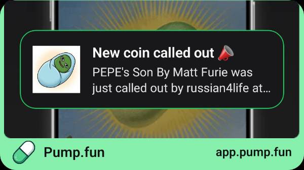 The image shows a green cell phone screen with various apps displayed, including one named "pump. fun" which might be related to the coins being called out by PEPE's son by Matt Furie. The other app that stands out is one named "profile/341Ywn". The screen also contains the text "New coin called out out by PEPE's Son By Matt Furie was just called out by Russian4life at ...", which could be interpreted as a message about coins being called out to a specific user. The image focuses on the content displayed and how it connects to the post.