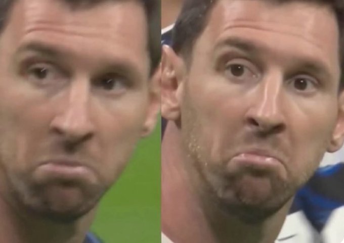 Two side-by-side close-up photos of soccer player Lionel Messi making a pouting, disappointed facial expression with wide eyes and pursed lips. The images humorously convey the feeling of being left out, matching the caption's sentiment about not being trusted with the "CA" (contract address) despite a friend's win.
