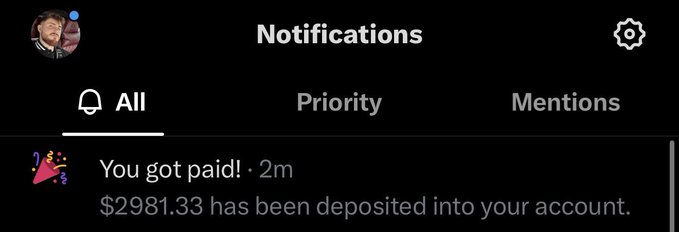 A notifications screen shows a "You got paid!" alert from 2 minutes ago stating that $2981.33 has been deposited, which the accompanying post attributes to earnings from tweeting on X.