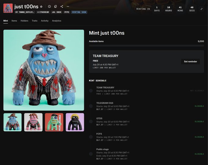 A screenshot of a 'just t00ns' NFT minting page shows a blue monster character in a pinstripe suit with a countdown timer and mint schedule.