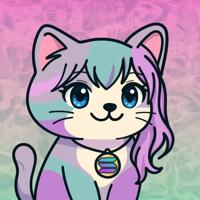 A pastel-colored cartoon illustration of a cute cat character with purple, blue, and pink hair wearing a rainbow gemstone pendant.