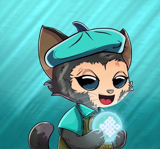 A digital illustration of a cartoon cat character with blue hair, wearing a green beret and jacket, holding a glowing digital emblem.
