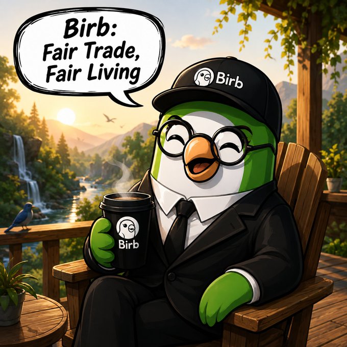 A cartoon illustration of a penguin-like mascot wearing glasses and a 'Birb' cap, sitting in a chair with a coffee mug, with a speech bubble reading 'Birb: Fair Trade, Fair Living'.