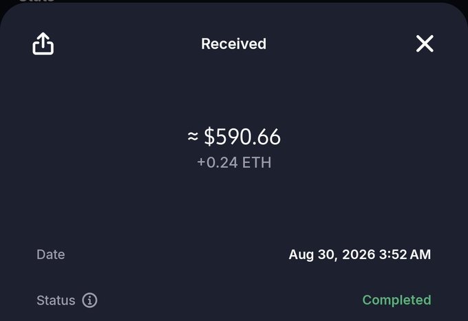 A dark-themed crypto wallet transaction receipt showing a "Received" payment of approximately $590.66 (0.24 ETH) with status "Completed" dated Aug 30, 2026 3:52 AM. This likely represents earnings from a web3 job paid in Ethereum directly to the user's crypto wallet.