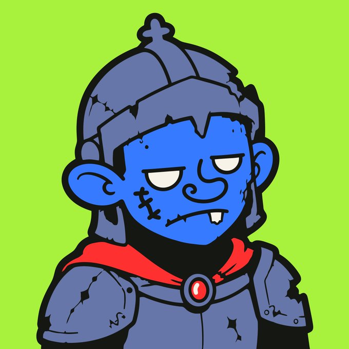 A cartoon illustration of a blue-skinned, zombie-like character with a stitched face, wearing a dark gray helmet and armor with a red cape, set against a green background.