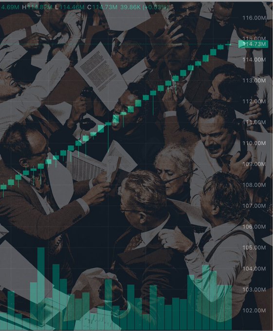 A financial chart showing an upward green trend line and bar graph overlays a black-and-white image of a crowded stock trading floor, with values ranging from 102.00M to 116.00M.