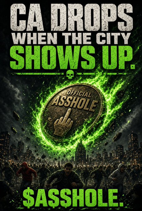 A zombie apocalypse-themed '$ASSHOLE' meme coin promotional graphic with green text reading 'CA DROPS WHEN THE CITY SHOWS UP' and a central 'OFFICIAL ASSHOLE' coin with a middle finger emblem.