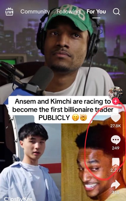 The image is a TikTok screenshot from a creator (username "ClipsByKes") showing a reaction video about Ansem and Kimchi competing to become the first publicly known billionaire trader, with the post caption humorously suggesting crypto's massive growth will dwarf traditional stock market gains this cycle.