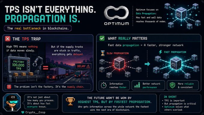 An infographic about blockchain technology titled 'TPS ISN'T EVERYTHING. PROPAGATION IS.' by Optimum, explaining the 'TPS Trap' versus 'Fast Propagation' for blockchain networks, credited to Crypto__coop.