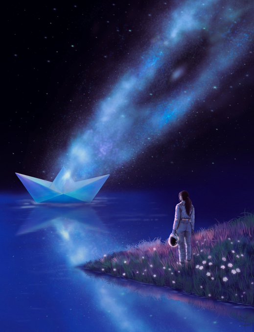 A figure stands on a grassy shore gazing at a glowing paper boat sailing across a starlit sea, mirroring the "Sail Away" piece offered at 12 XTZ in the Tezos Tuesday collection. The luminous blue vessel embodies the artwork's title and theme of dreamy, ethereal departure into the cosmos.
