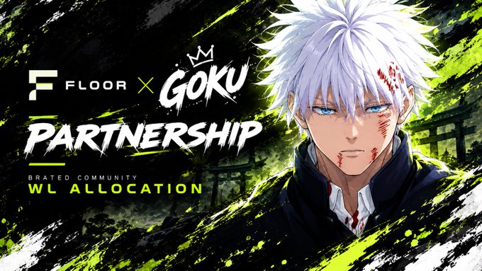 A promotional banner announces a 'FLOOR x GOKU PARTNERSHIP' for the 'WL ALLOCATION' Brated Community, featuring an anime character with white spiky hair and blood on his face against a dark green background.