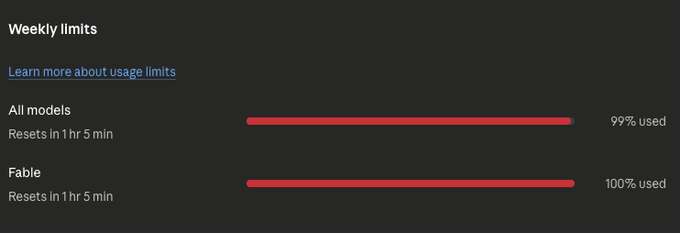 A usage dashboard shows weekly limits nearly exhausted: "All models" at 99% used and "Fable" at 100% used, both resetting in 1 hr 5 min.