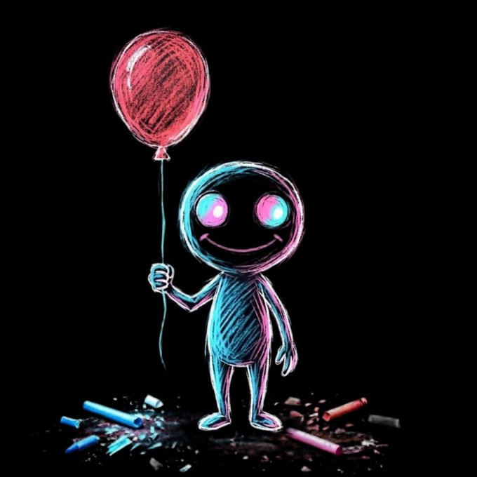 A neon-style chalk drawing depicts a smiling alien-like figure with glowing eyes holding a red balloon, standing among scattered pieces of colored chalk on a black background.