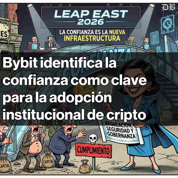 An illustrated graphic with the headline 'LEAP EAST 2026' and 'LA CONFIANZA ES LA NUEVA INFRAESTRUCTURA', overlaid with text 'Bybit identifica la confianza como clave para la adopción institucional de cripto' in Spanish.