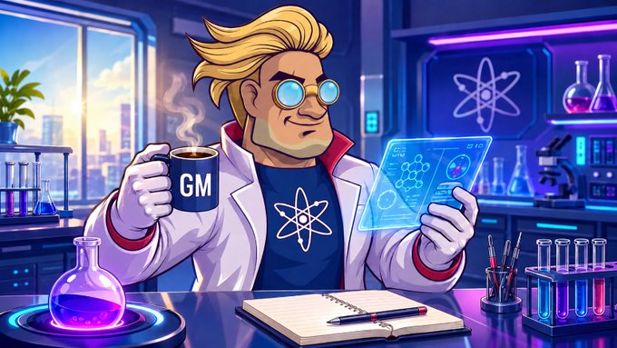 A blonde scientist with glowing goggles sits in a neon-lit lab, holding a "GM" mug and a holographic molecular display, perfectly matching the "gm scientists" vibe of a cheerful good morning from the lab.
