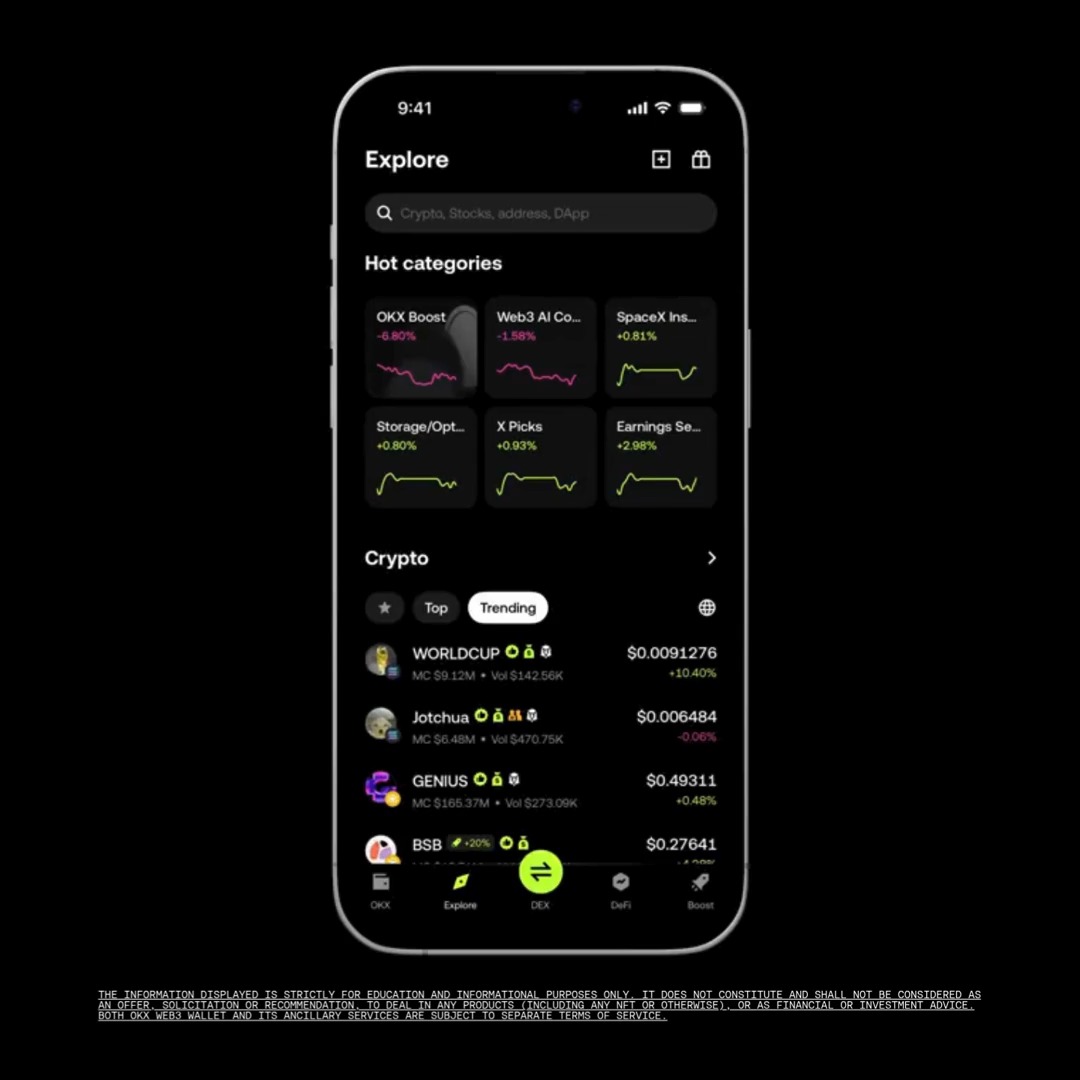 The image displays the "Explore" page of the OKX Web3 mobile app, featuring a dark-themed interface with a search bar for "Crypto, Stocks, address, DApp," hot categories showing price charts (OKX Boost -6.80%, Web3 AI Co... -1.58%, SpaceX Ins... +0.81%, Storage/Opt... +0.80%, X Picks +0.93%, Earnings Se... +2.98%), and a trending crypto list including WORLDCUP ($0.0091276, +10.40%), Jotchua ($0.006484, -0.06%), GENIUS ($0.49311, +0.48%), and BSB ($0.27641), with a bottom navigation bar highlighting the DEX tab—directly tying into the post's call-to-action about trading eligible listed tokens through OKX's DEX to build Boost volume and earn rewards.
