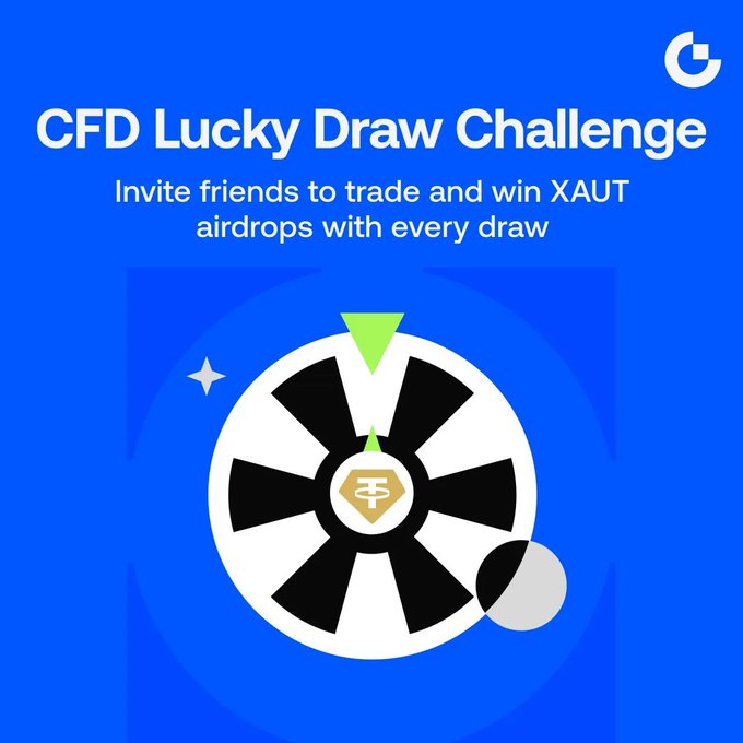 The image is a promotional graphic with a blue background featuring a black-and-white wheel of fortune graphic topped with a green arrow, with the Tether (₮) logo at its center. The text reads "CFD Lucky Draw Challenge - Invite friends to trade and win XAUT airdrops with every draw," visually reinforcing the challenge's reward of XAUT airdrops for successful referrals.