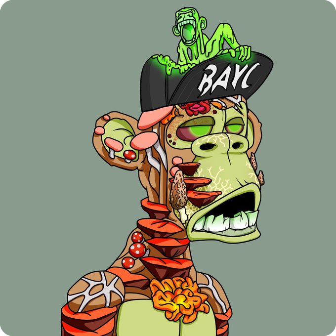 Stylized Bored Ape Yacht Club (BAYC) NFT artwork featuring a green ape with a zombie ape on its hat, displaying 'BAYC' text.