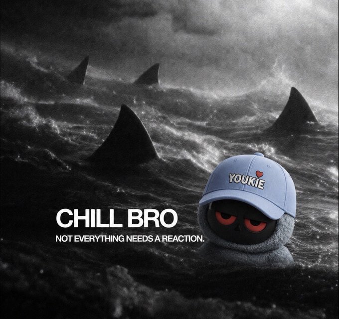 A moody image showing shark fins emerging from turbulent ocean waters alongside a small plush figure wearing a light blue cap that reads 'YOUKIE', with text 'CHILL BRO - NOT EVERYTHING NEEDS A REACTION.'