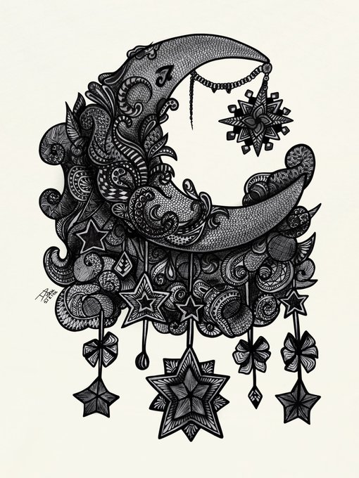 Intricate black and white ink illustration of a crescent moon surrounded by decorative stars, swirls, and celestial patterns.