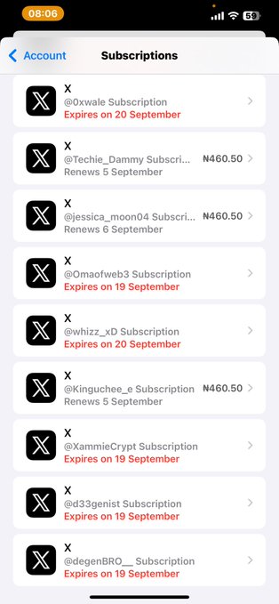 A screenshot of an X (Twitter) 'Subscriptions' management screen on iOS, listing various subscribed accounts with their renewal or expiration dates, including @0xwhale, @Techie_Dammy, and @jessica_moon04.