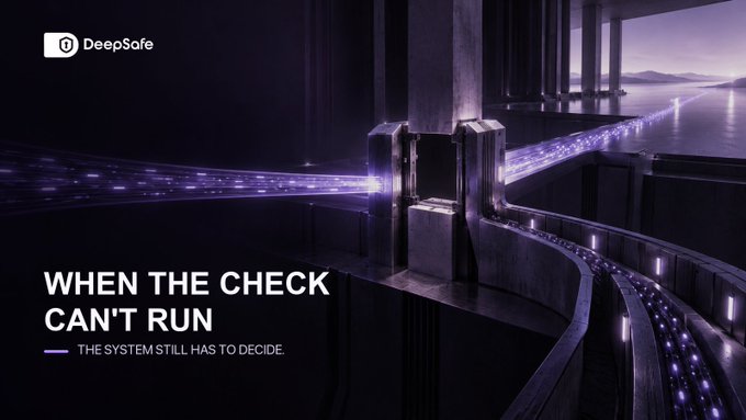 The image is a DeepSafe promotional graphic featuring a dark, futuristic scene with glowing purple data streams flowing through metallic conduits under a dim sky, overlaid with the text "WHEN THE CHECK CAN'T RUN" and the tagline "THE SYSTEM STILL HAS TO DECIDE." It visually reinforces the post's concern about AI agents operating with unchecked autonomy — when verification mechanisms fail or are absent, agents must still make decisions, highlighting DeepSafe's positioning as a safeguard for agent-driven crypto transactions.