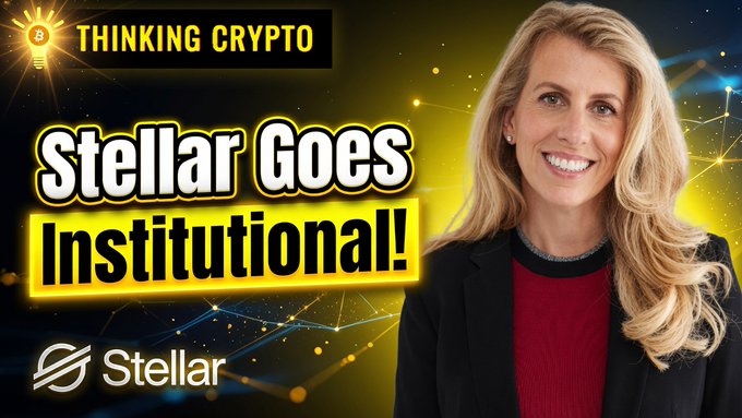 A smiling blonde woman in a red top and black blazer appears alongside text reading "THINKING CRYPTO," "Stellar Goes Institutional!," and the Stellar logo, promoting an interview with Denelle Dixon, CEO of the Stellar Development Foundation, about institutional cryptocurrency adoption.