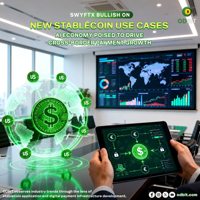 A futuristic financial workspace features a glowing green globe and dollar sign hologram alongside a tablet displaying cross-border payment flows with Euro and Dollar symbols, with the headline "SWYFTX BULLISH ON NEW STABLECOIN USE CASES - AI ECONOMY POISED TO DRIVE CROSS-BORDER PAYMENT GROWTH" and the ODBIT branding visible. The image visually reinforces the post's message about stablecoins expanding into cross-border payments and AI-driven economies, symbolizing global digital payment infrastructure.