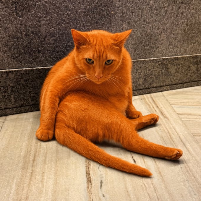 An orange tabby cat sits on a tiled floor against a gray tiled wall, looking directly at the camera with its legs splayed outward in a relaxed posture.